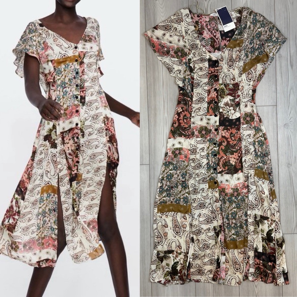 NWT Zara Multicolored Floral Print Long Flowing Dress Slits‎ Large Unlined